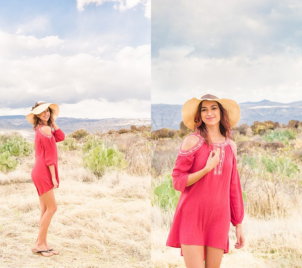 Beautiful blue skies during a dreamy desert sunset portrait session with model Amanda wearing an adorable pink dress.
