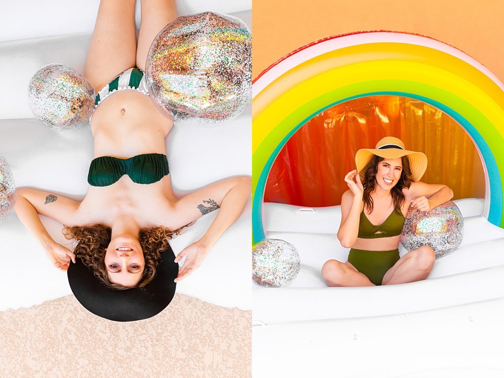 Models Bronwyn and Stephanie peek playfully from under their hats as they rest on colorful pool floats