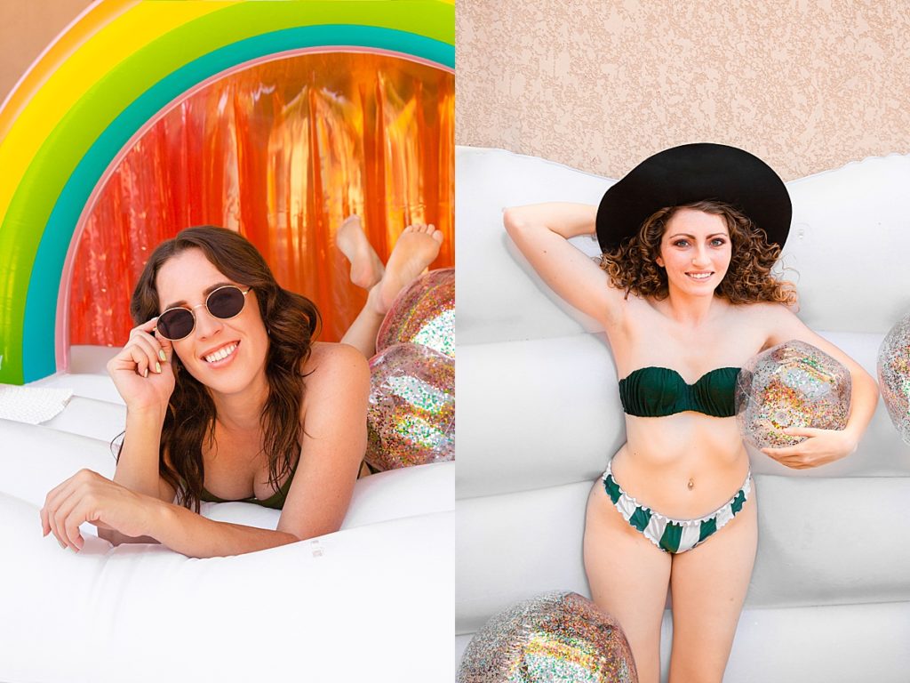 Model Stephanie grins as she tilts her sunglasses, striking a pose. Model Bronwyn smiles softly as she grasps a confetti filled beach ball