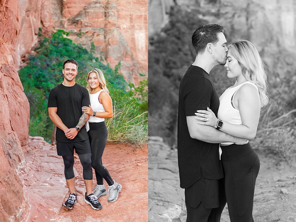Marissa and Dustin smile and kiss after getting engaged at the top of Cathedral Rock during an  portrait session in Sedona, Arizona