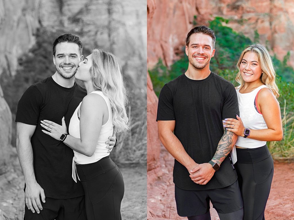 Marissa and Dustin share a kiss and then smile at the top of Cathedral Rock during an engagement portrait session in Sedona, Arizona