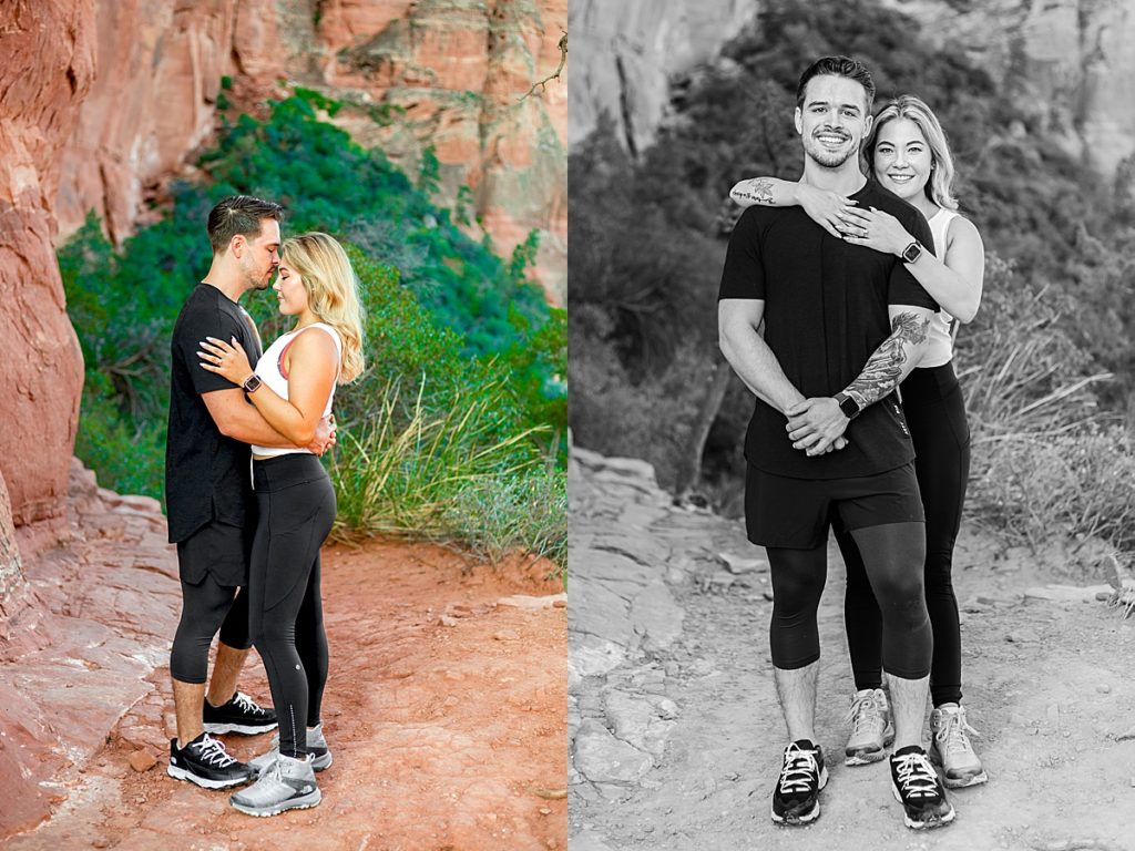 Dustin and Marissa share a sweet quiet moment then smile holding one another during an engagement portrait session in Sedona, Arizona