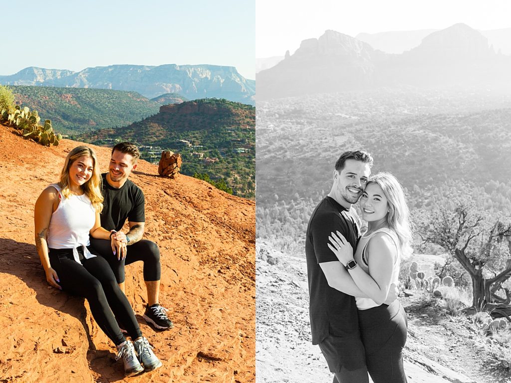 Dustin and Marissa smile broadly standing near the top of Cathedral Rock during an engagement portrait session in Sedona, Arizona