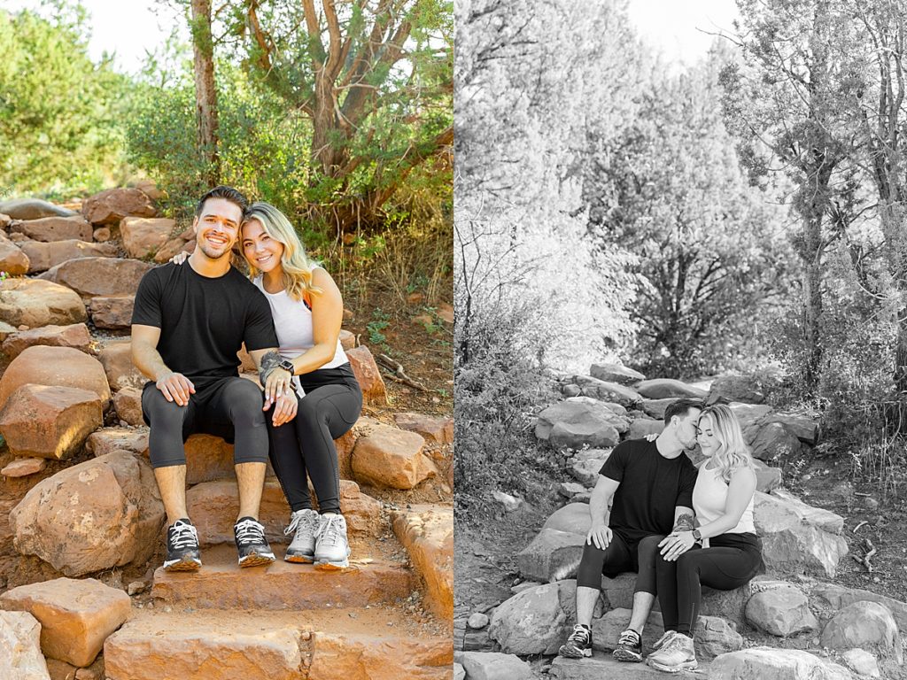 Dustin and Marissa share sweep moments (kissing and hugging) while sitting in the sunlight during an engagement portrait session in Sedona, Arizona
