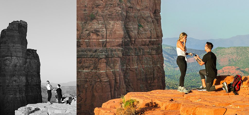 Dustin knees while proposing to girlfriend Marissa at the top of Cathedral Rock at sunrise in Sedona, Arizona