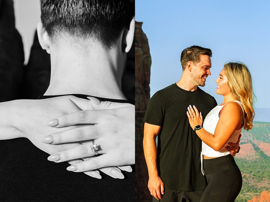 Marissa shows of her gorgeous ring while she and Dustin admire one another during an engagement session in Sedona.