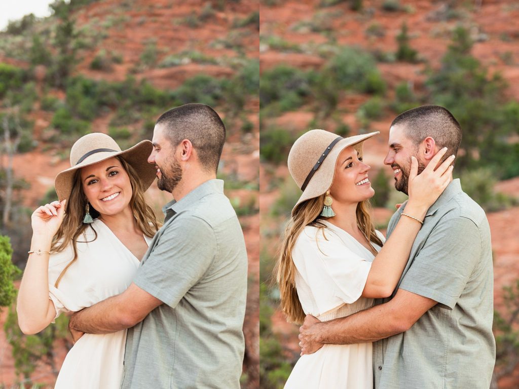 Bethany tips her hat and smiles sweetly holding on to Nick during their Sedona, Arizona destination anniversary portrait session