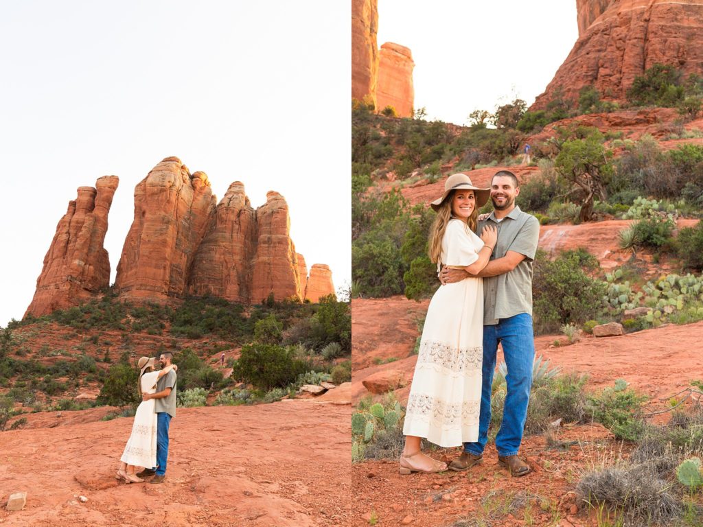 Nick and Bethany stand below Cathedral Rock, enjoying their time together during their Sedona, Arizona destination anniversary portrait session