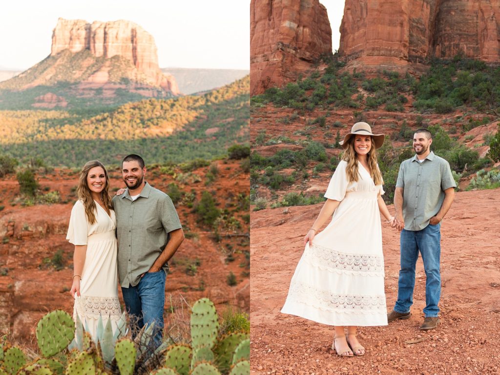 Bethany and Nick pose for anniversary portraits in the golden sunset in Sedona, Arizona