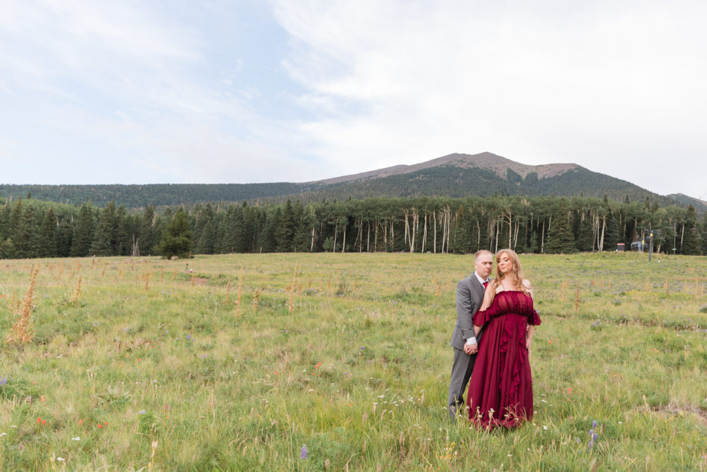 Husband and wife share a soft, quiet moment during a Flagstaff family photosession.