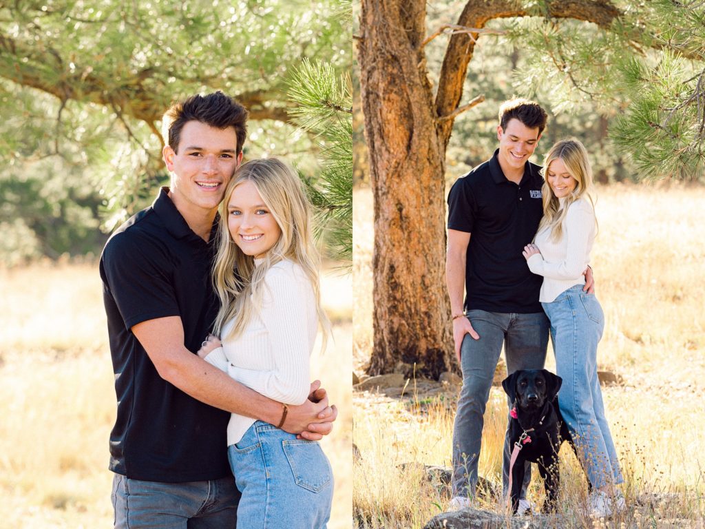Couple Kirstin and Luke smile broadly while posing for portraits at Buffalo Park in Flagstaff, Arizona.