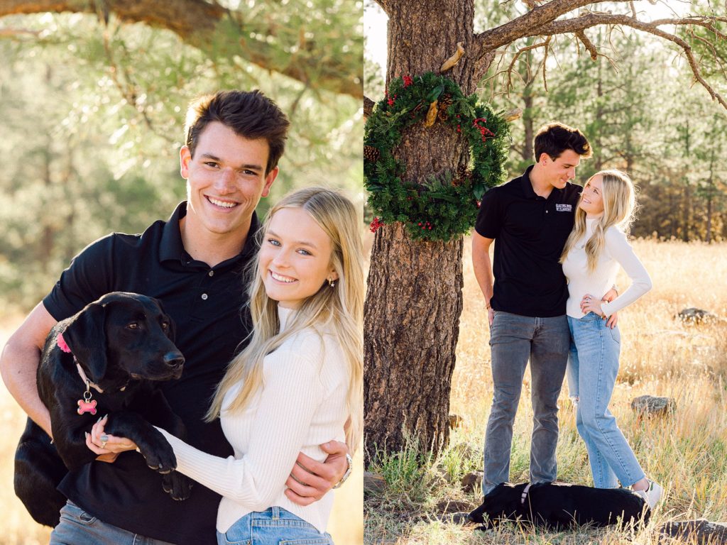 Pup Corra relaxes as clients Kirstin and Luke perfectly pose in Flagstaff at Buffalo Park for a portrait session.