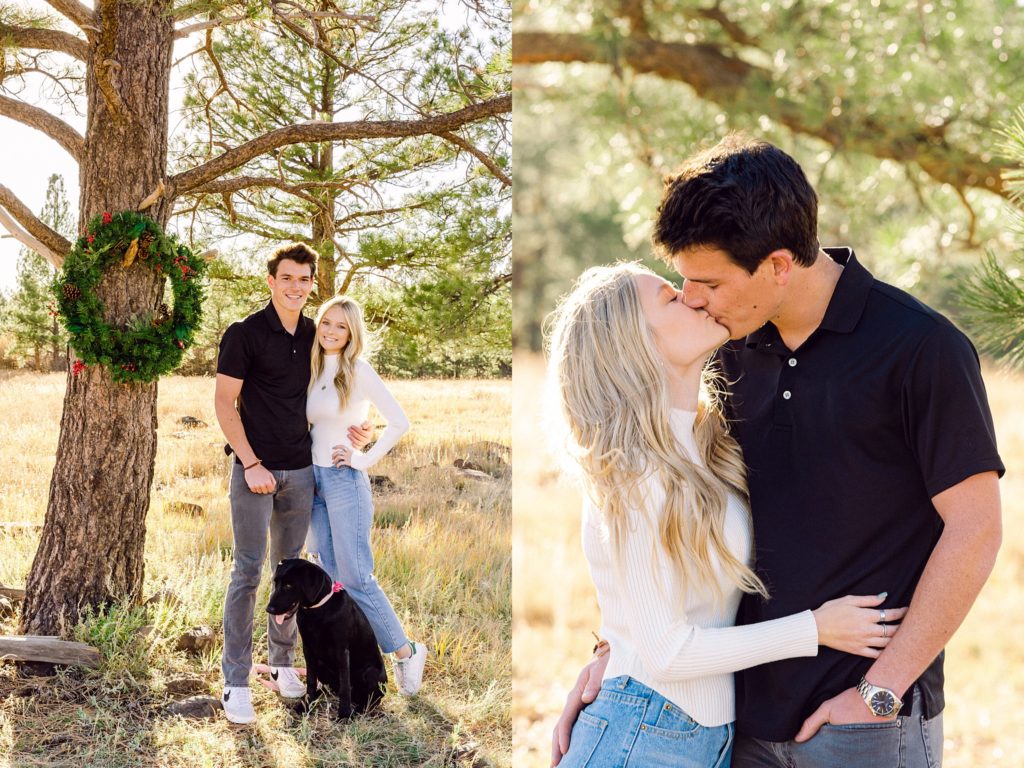 Luke, Kirstin, and Corra nestle under a ponderosa pine tree during a Flagstaff Christmas portrait session and share a kiss.
