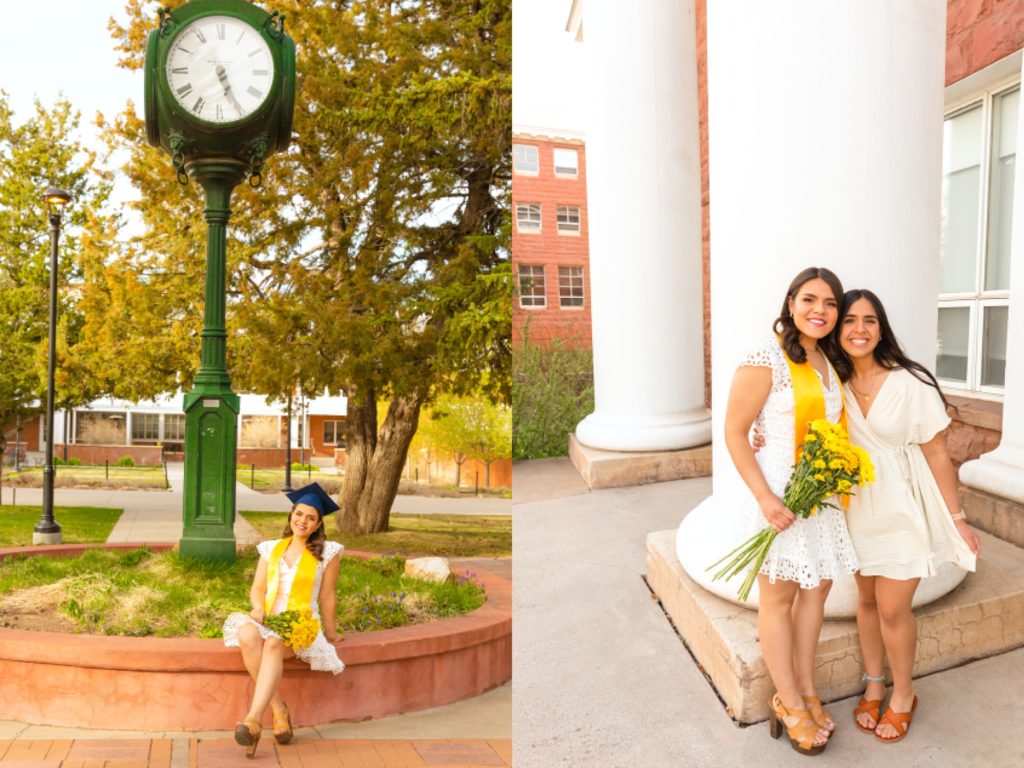 Northern Arizona University student and senior graduate Antonela explores campus with family and friends during a photoshoot with Bayley Jordan Photography in Flagstaff, Arizona.
