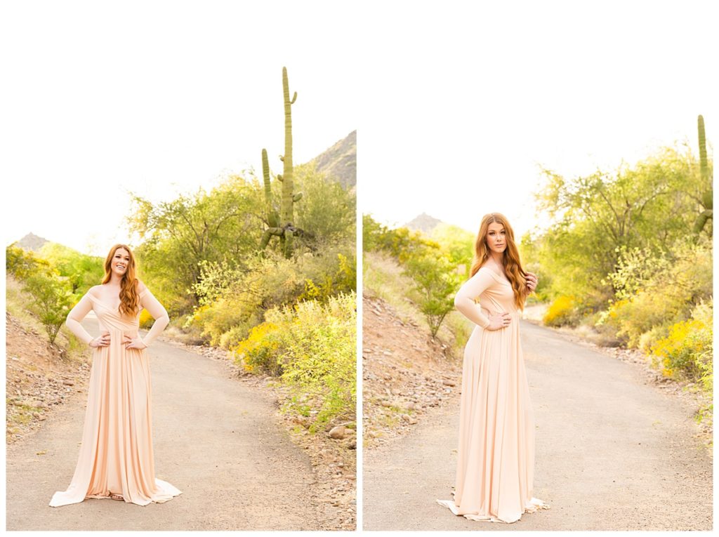 Surrounded by cacti and wildflowers, client Alyssa poses prettily with Bayley Jordan during a portrait session in Arizona.