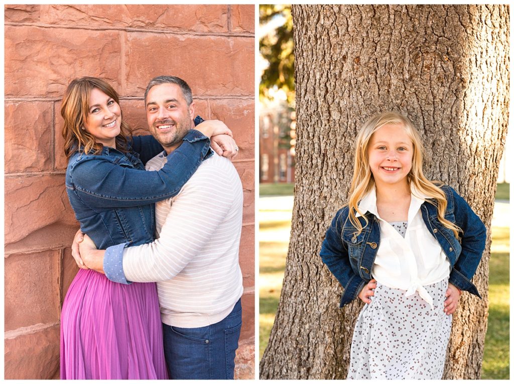 Jen, Nathan, and daughter Alice pose for family portraits at Northern Arizona University in Flagstaff, Arizona.