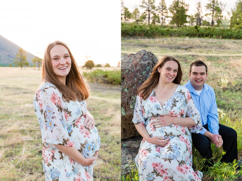 A soon-to-be mother and father cradle baby while posing for portraits in Flagstaff.