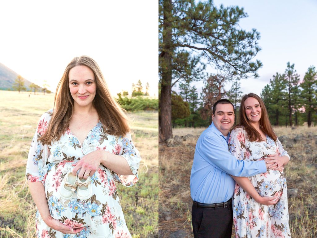 Images from a maternity portrait session in Flagstaff, Arizona. Mother and father smile happily while posing for photos. 
