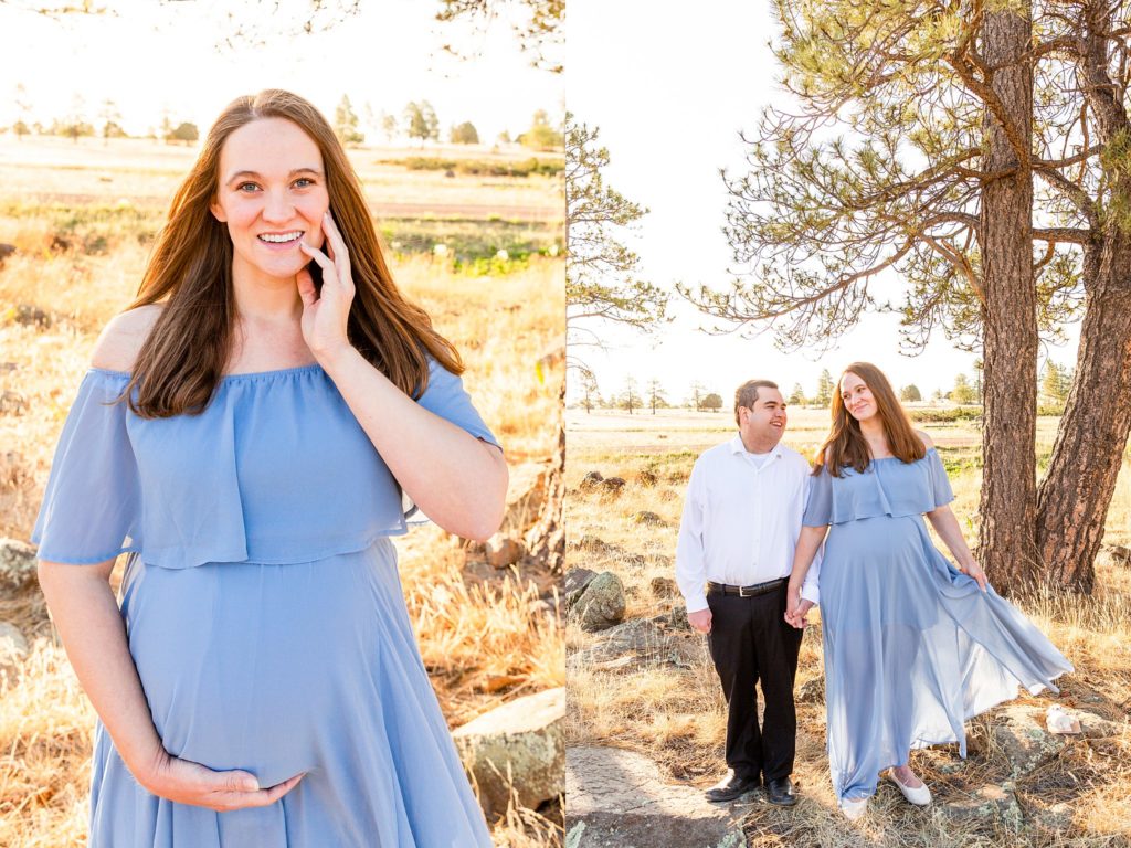 Two cute images during a maternity portrait session in Flagstaff, Arizona. In the first, a mother smiles broadly at the camera, cradling her tummy, with one hand at her cheek. In the second image, mother and father walk hand-in-hand in a meadow. 