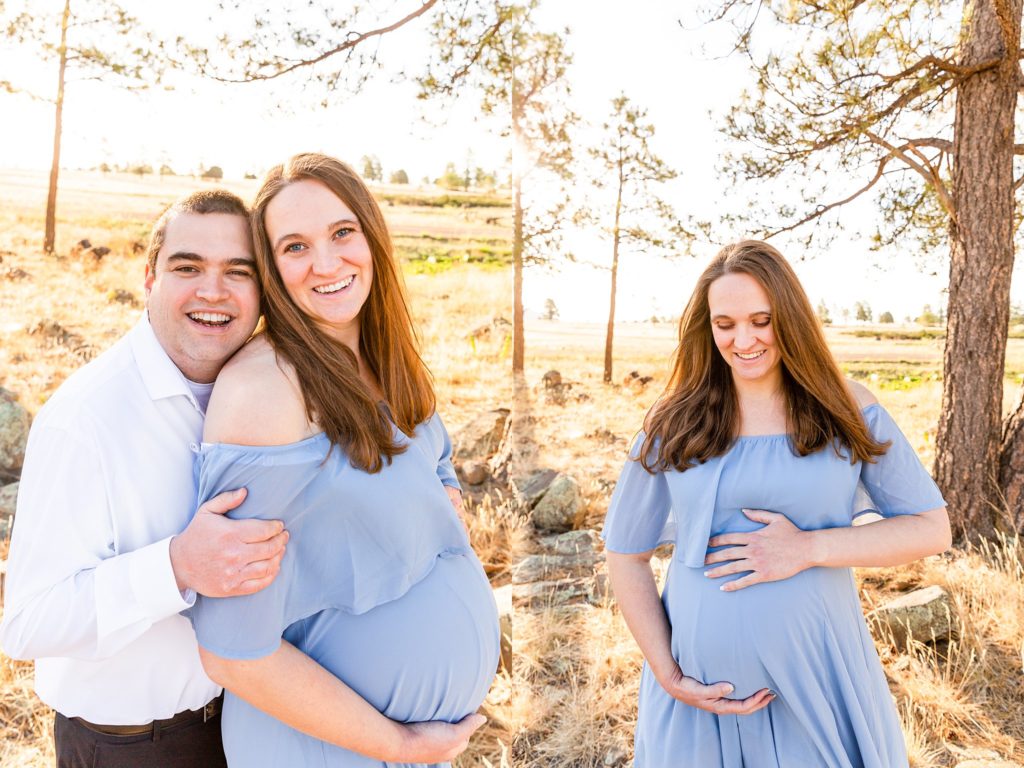 Husband hugs expectant wife from behind as both grin in one image; in a second image, soon-to-be mother smiles broadly down at baby during a maternity portrait session in Flagstaff, Arizona.