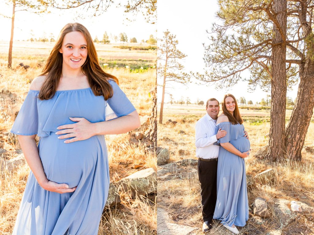 Joyful images of soon-to-be mother and father at sunrise in Flagstaff, Arizona during a maternity portrait session as golden light falls around the two.