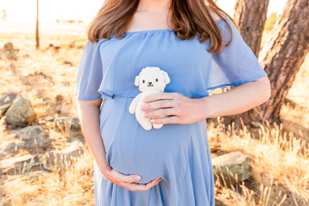 A detail image of a small lamb stuffed animal as an expectant mother cradles her stomach wearing a flowing blue dress during a maternity portrait photography session in Flagstaff.