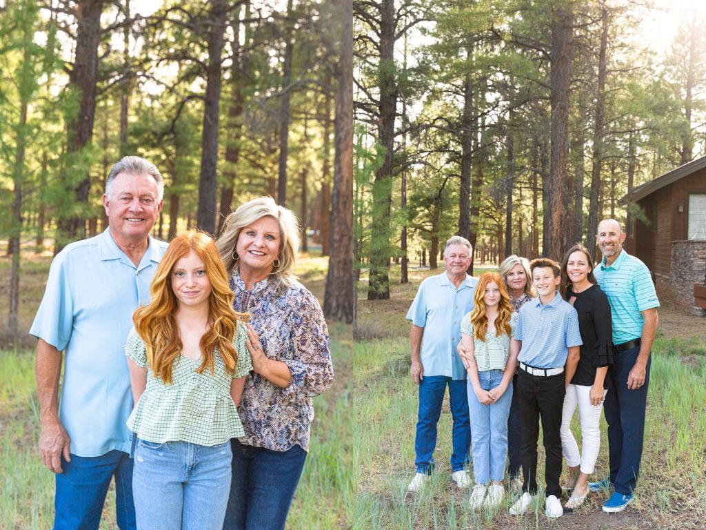 A portion of the Keever family: Larry, Lori, and Camryn smile at the camera while snuggled close (left); The entire Keever and Louden family pose for a legacy portrait near Flagstaff, Arizona in Forest Highlands. 