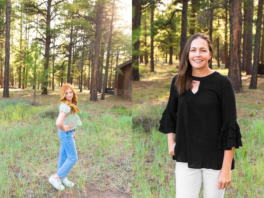 Sisters Camryn and Stephanie are all smiles, showcasing their personalities  during a family portrait session in Forest Highlands near Flagstaff, Arizona.
