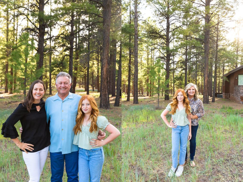 Larry, Stephanie, and Camryn share stories from the golf course, smiling at the camera as they pose for family portraits in Forest Highlands near Flagstaff, Arizona. Lori and Camryn smile with joy during family portraits in Flagstaff, Arizona. 