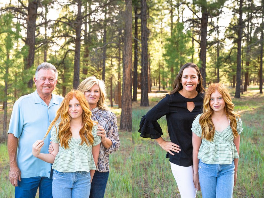 Keever family units pose playfully during a special family portrait session in Forest Highlands near Flagstaff, Arizona. 