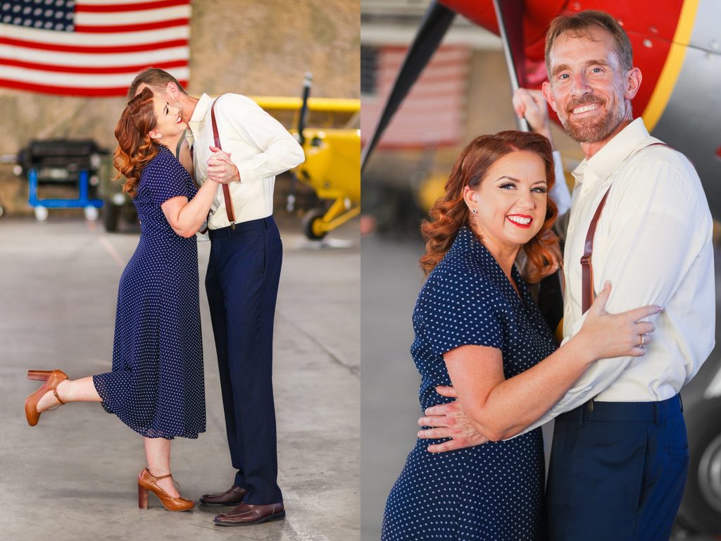 All smiles, newly engaged couple Jennifer and Ben are full of joy during a portrait session with Bayley Jordan at an airport in Mesa, Arizona. 