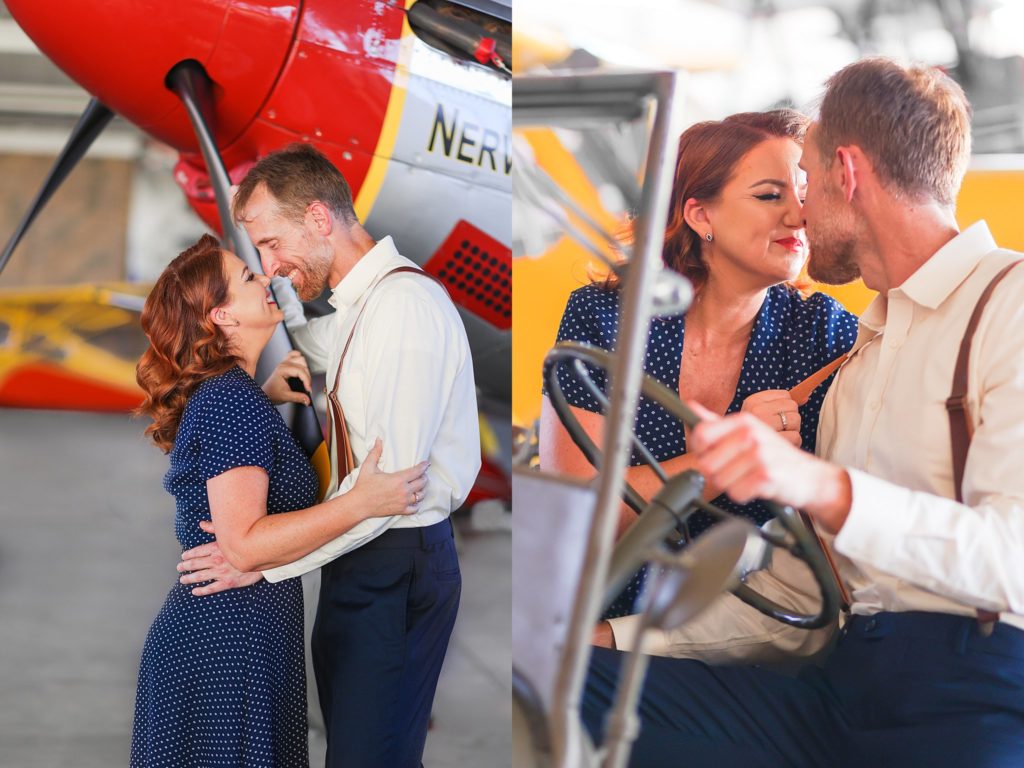 Soft, sweet moments are shared between a newly engaged couple during a proposal portrait session with Bayley Jordan in Mesa, Arizona at an airfield. 