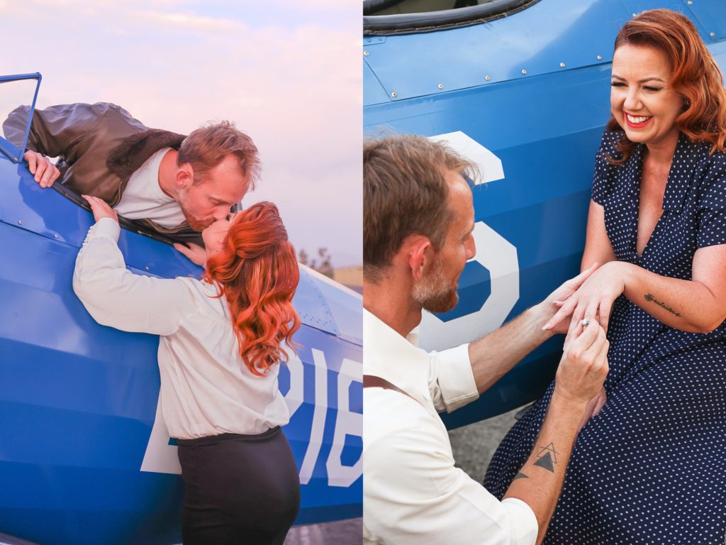 Jennifer and Ben share kisses and rings during an engagement portrait session in Arizona at an airfield with Bayley Jordan.