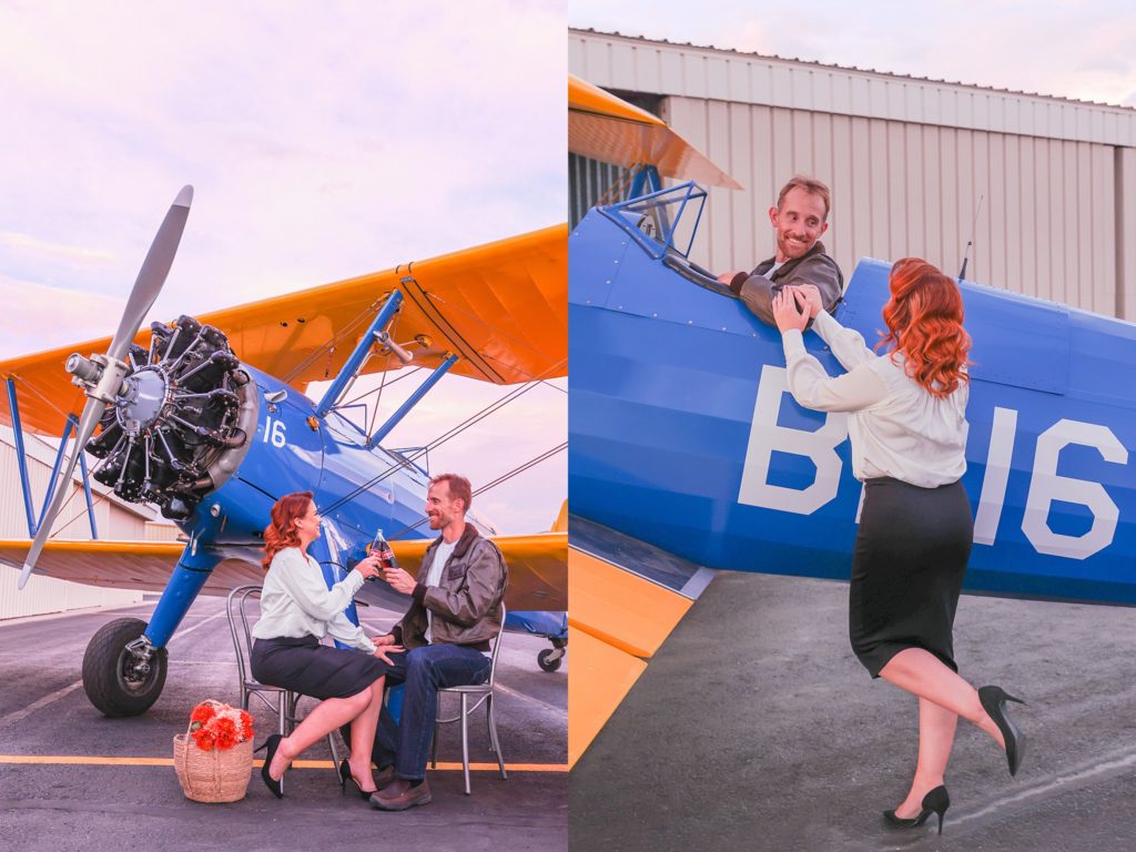 Photography clients Jennifer and Ben can't stop smiling during an engagement portrait session with Bayley Jordan at an airport in Mesa, Arizona. 
