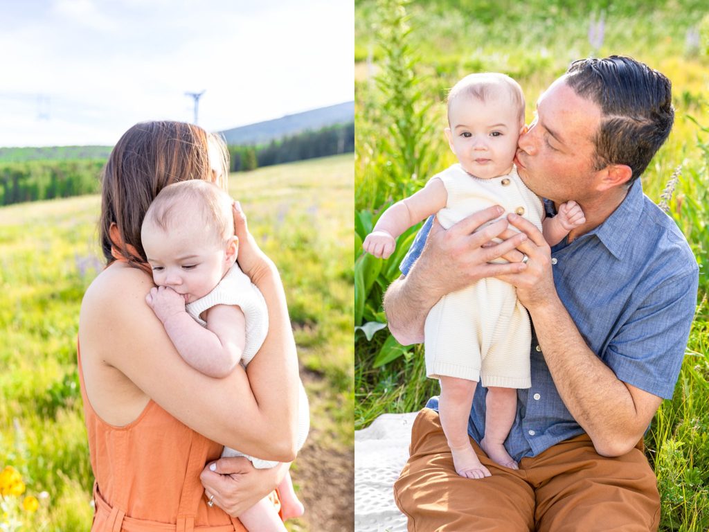 Clients Christina and husband John pose with sweet Noelle for Flagstaff mountain meadow portraits at the San Francisco Peaks with photographer Bayley Jordan.