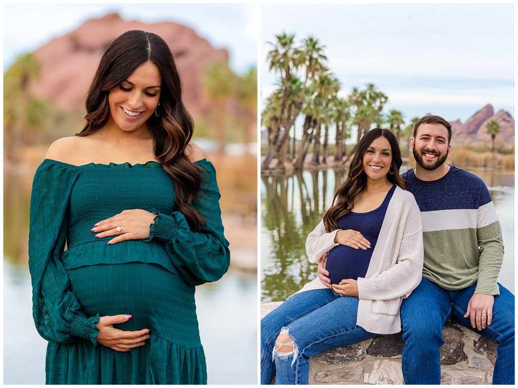 Joyful couple smiles sweetly at baby during maternity portrait session with Bayley Jordan Photography in Scottsdale, Arizona