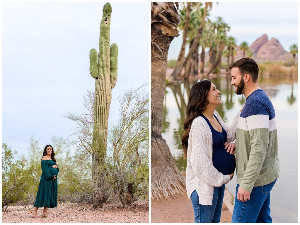 Magical maternity portraits of mother-to-be in stunning green gown in Scottsdale, Arizona by Bayley Jordan Photography