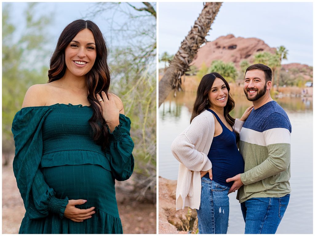 Maternity clients share sparkling smiles during a portrait session with Bayley Jordan Photography in Scottsdale, Arizona