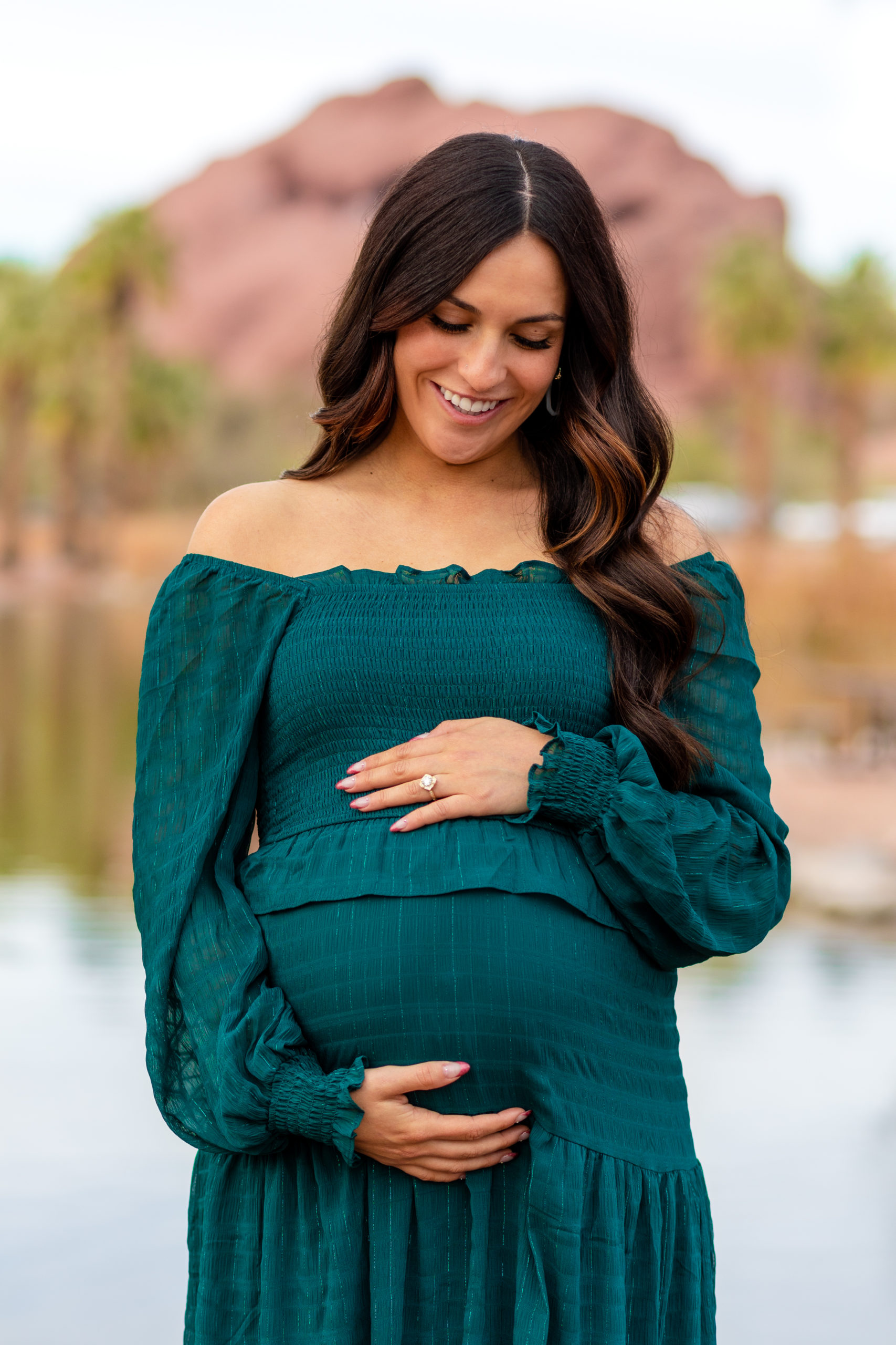 Maternity portrait with stunning emerald gown in Tempe, Arizona with Bayley Jordan Photography