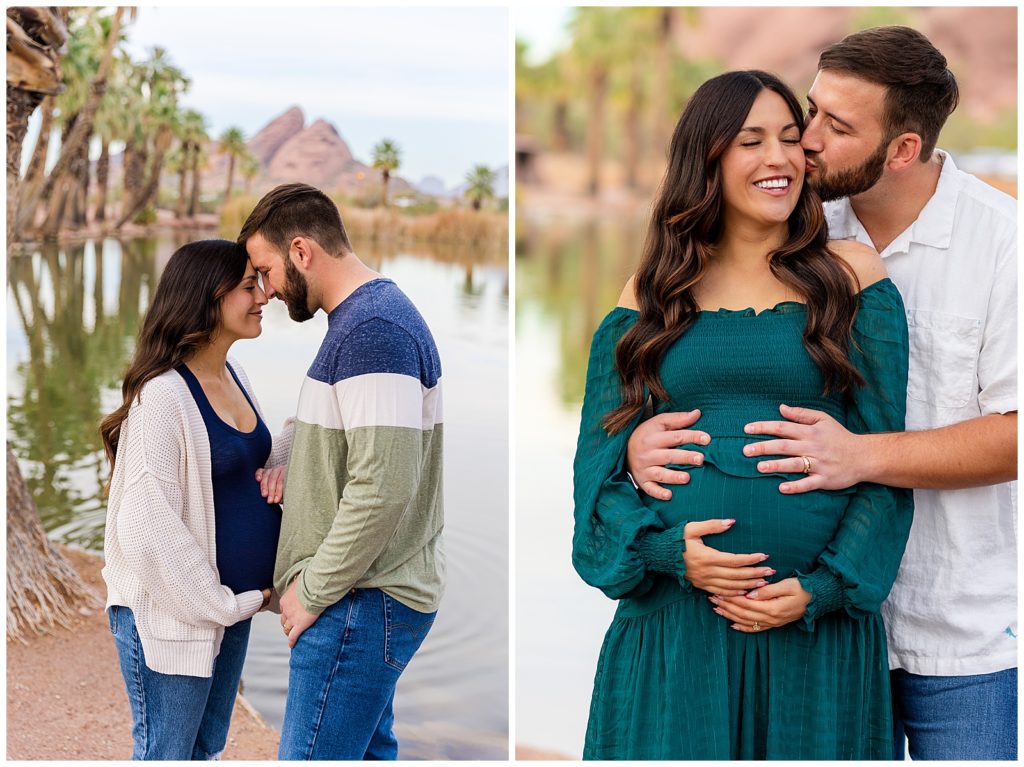 Sweet couple shares smiles during a stunning maternity session with Bayley Jordan Photography in Tempe, Arizona at Papago Park