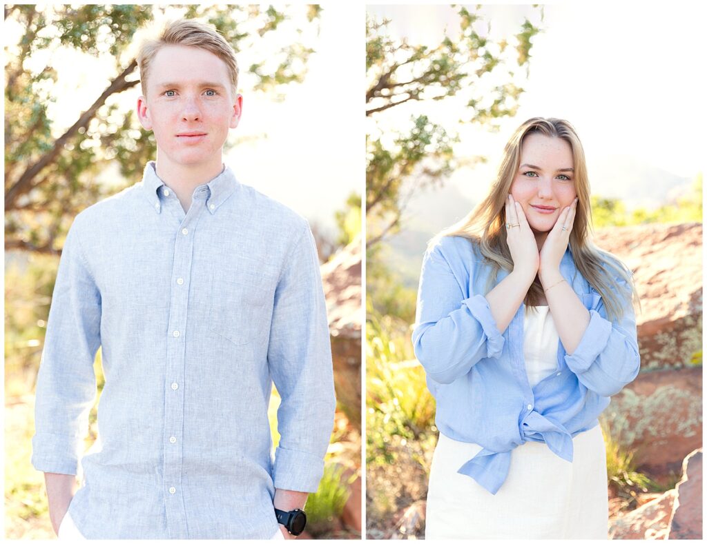 Dual panel sibling portrait, sister and one brother close-up, all smiling sunset session in Sedona.