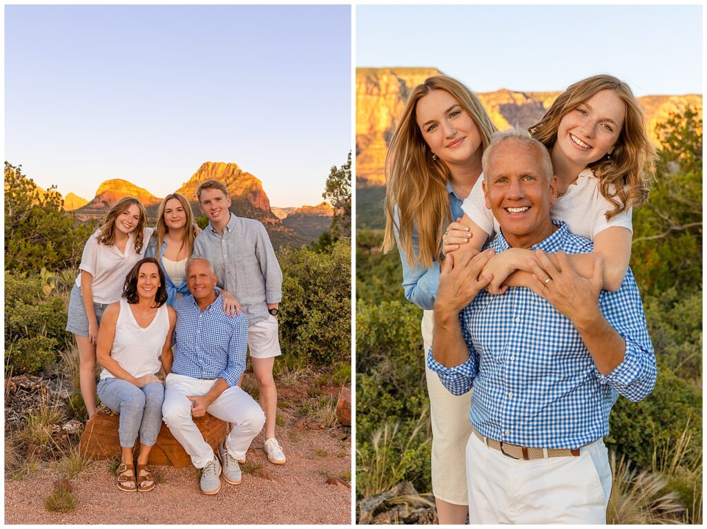 Smiling full family and father/daughter portraits in Sedona, Arizona at sunset - Bayley Jordan Photography