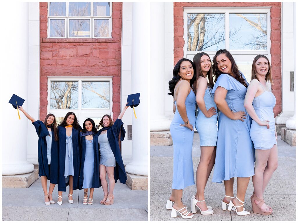 Four friends strike perfect portrait poses with Bayley Jordan Photography in Flagstaff, AZ to celebrate graduation from Northern Arizona University