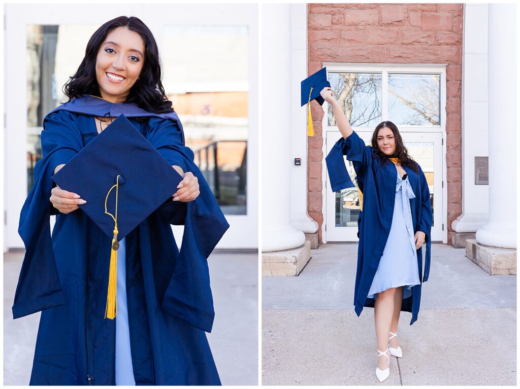 Two women celebrate their upcoming graduation from Northern Arizona University in Flagstaff, Arizona by posing in their caps and gowns