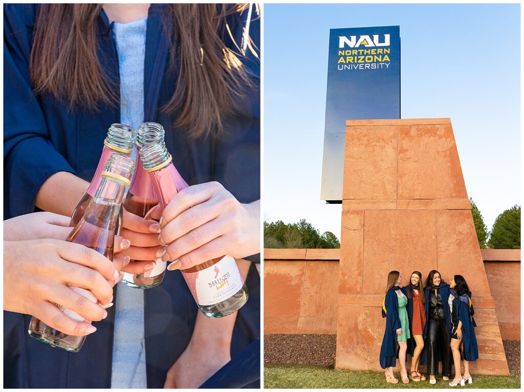 Northern Arizona University portraits of four graduates in front of NAU sign for graduation - Bayley Jordan Photography
