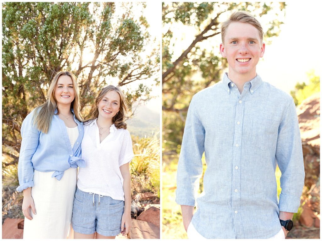 Dual panel portrait of two (2) sisters and one brother all smiling broadly at camera during sunset Sedona portrait session.