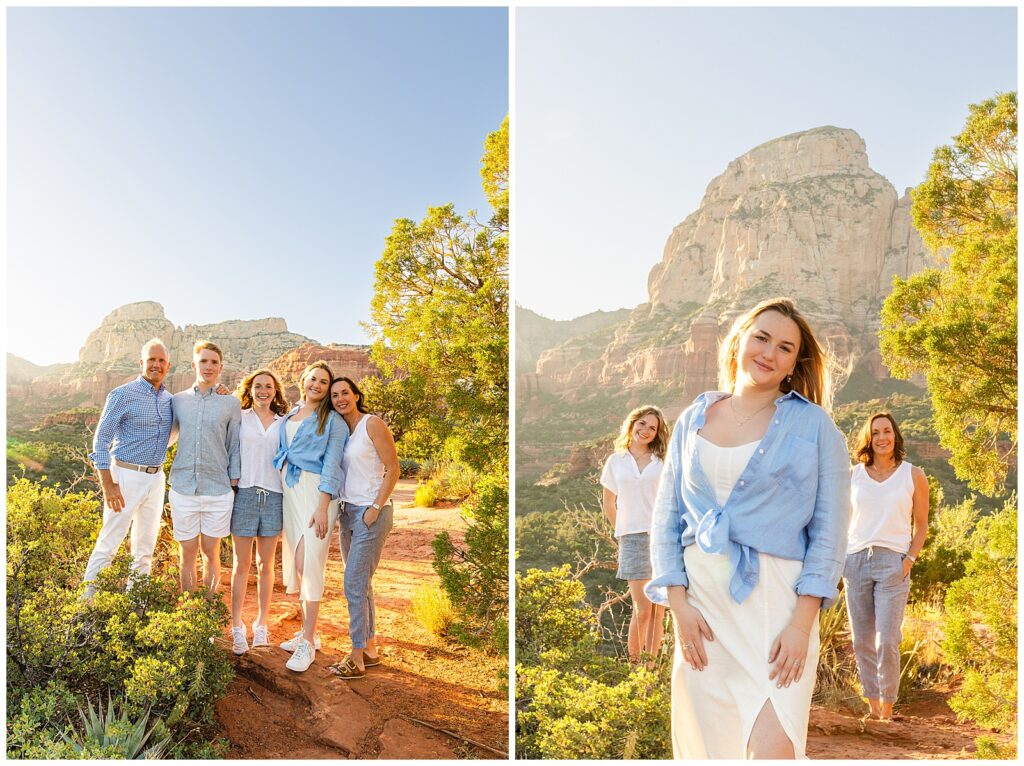 Two (2) stunning family portraits. One of mother and daughters and one of entire family in front of red rocks in Sedona, Arizona sunset.
