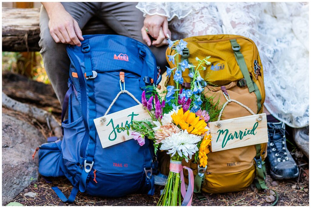 Details from Brooke and Eric's 10 year anniversary celebration in Flagstaff, Arizona. Backpacks from REI with florals from Sutcliffe Floral, as well as "Just Married" signs. 
