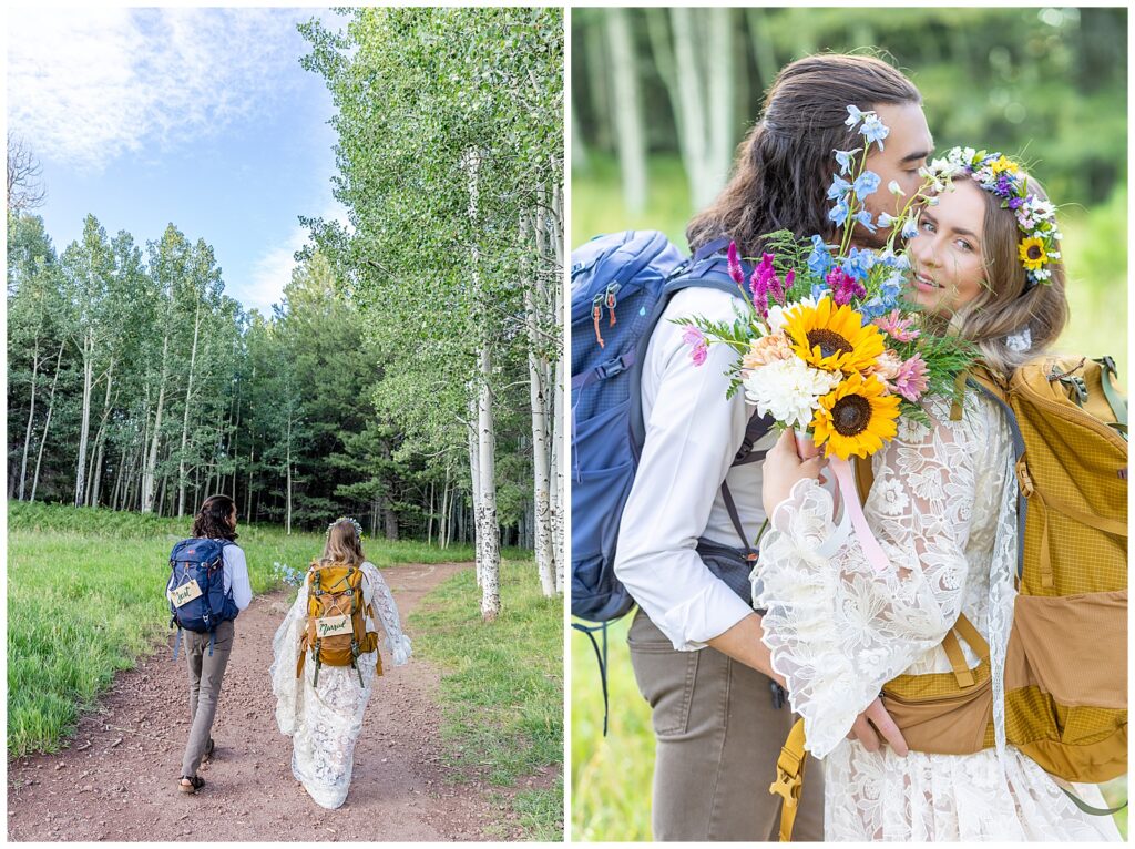 Brooke looks stunning as she glances from behind a beautiful bouquet during a 10 year anniversary celebration in the forests of Flagstaff.