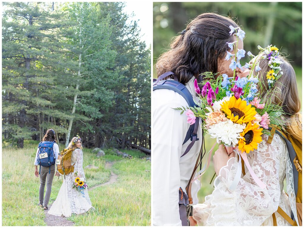 Brooke and Eric show off a stunning bouquet of wildflowers during their 10 year anniversary celebration amidst the Aspens in Flagstaff.